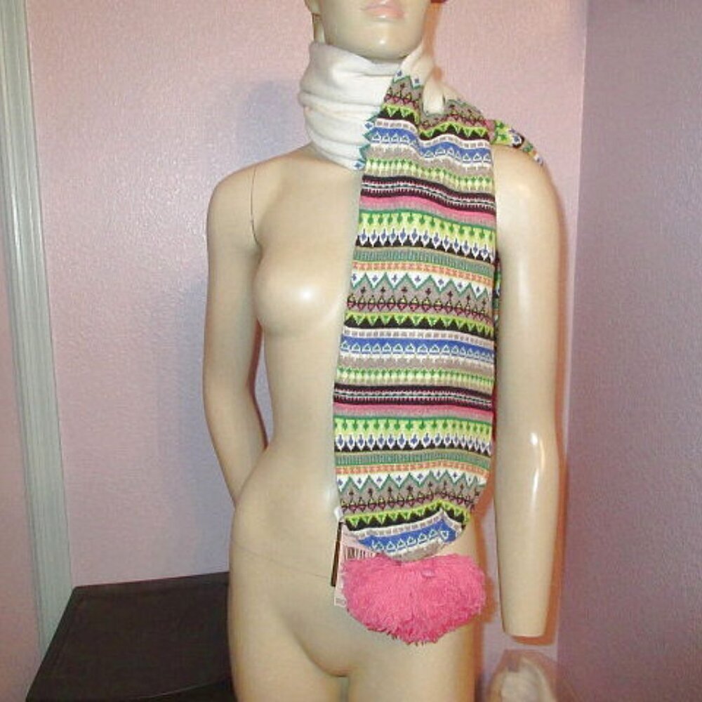 Vtg Y2K Juicy Couture Fair Isle Scarf Bowden Charms Cashmere Wool Poms Fringe 1